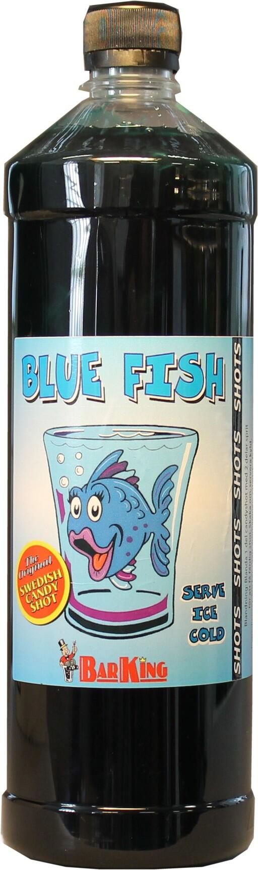 Blå fisk shot (Blue fish shots) med smak av menthol och salmiak.